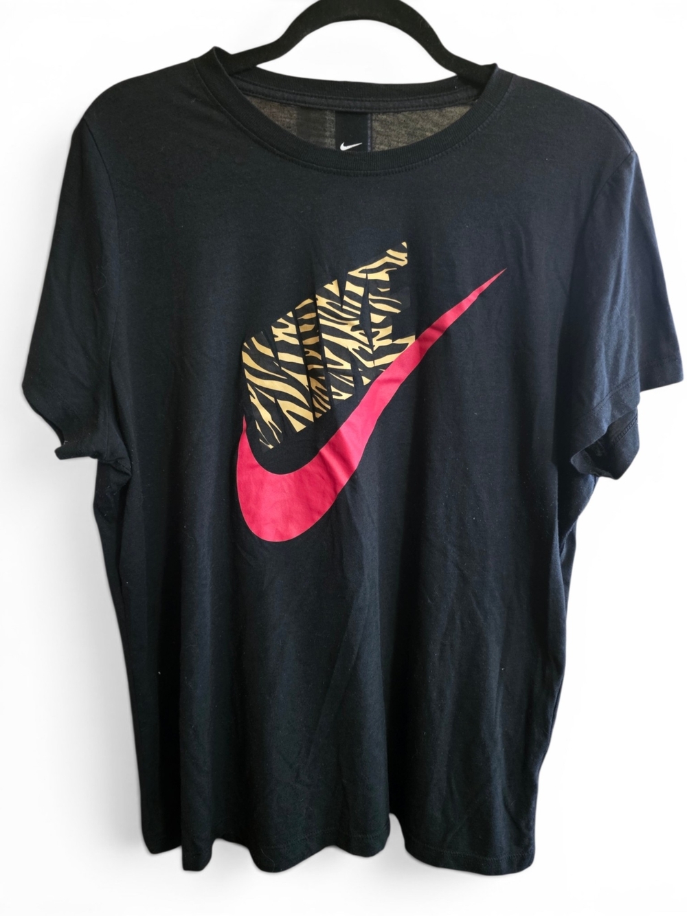 Nike Black Short Sleeve Tee with Red Swoosh and Gold Zebra Print